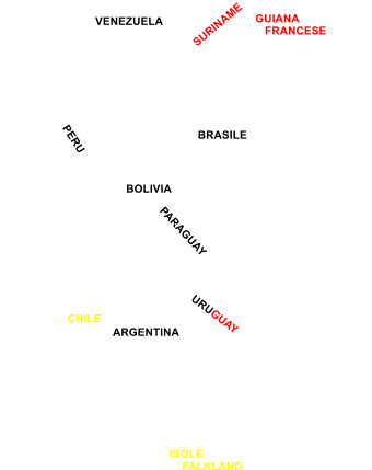 BRASILE VENEZUELA BOLIVIA PERU PARAGUAY ARGENTINA ECUADOR GUYANA SURINAME GUIANA    FRANCESE URUGUAY CHILE ISOLE     FALKLAND Georgia del Sud e isole Sandwich