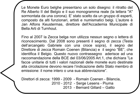 Le Monete Euro belghe presentano un solo disegno: il ritratto del Re Alberto II del Belgio e il suo monogramma reale (la lettera "A" sormontata da una corona). E’ stato scelto da un gruppo di esperti, composto da alti funzionari, artisti e numismatici belgi. L'autore è Jan Alfons Keustermas, direttore dell'Accademia Municipale di Bella Arti di Turnhout.  Fino al 2007 la Zecca belga non utilizza nessun segno o lettera di riconoscimento. Dal 2008 sono presenti il segno di zecca (Testa dell’arcangelo Gabriele con una croce sopra), il segno del Direttore di zecca Romain Coenen (Bilancia) e  il segno “BE”, che identifica il Belgio. Questo nuovo contrassegno  aderisce ad una raccomandazione della BCE del 03/06/2005 Art.1, che dichiara ”Le facce unitarie di tutti i valori nazionali delle monete euro destinate alla circolazione devono recare l’indicazione dello Stato membro di emissione: il nome intero o una sua abbreviazione”.  Direttori di zecca: 1999 - 2009  - Romain Coenen - Bilancia,                              2010 - 2012  - Serge Lesens - Piuma                                         2013  - Bernard Gillard – Gatto