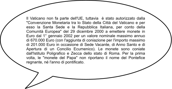 Il Vaticano non fa parte dell'UE, tuttavia  è stato autorizzato dalla "Convenzione Monetaria tra lo Stato della Città del Vaticano e per esso la Santa Sede e la Repubblica Italiana, per conto della Comunità Europea" del 29 dicembre 2000 a emettere monete in Euro dal 1° gennaio 2002 per un valore nominale massimo annuo di 670.000 Euro (con l'aggiunta di coniazione per l'importo massimo di 201.000 Euro in occasione di Sede Vacante, di Anno Santo e di Apertura di un Concilio Ecumenico). Le monete sono coniate dall'Istituto Poligrafico e Zecca dello stato di Roma. Per la prima volta, le ''monete del Papa'' non riportano il nome del Pontefice regnante, né l'anno di pontificato.