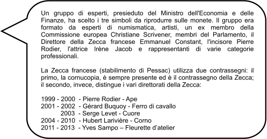 Un gruppo di esperti, presieduto del Ministro dell'Economia e delle Finanze, ha scelto i tre simboli da riprodurre sulle monete. Il gruppo era formato da esperti di numismatica, artisti, un ex membro della Commissione europea Christiane Scrivener, membri del Parlamento, il Direttore della Zecca francese Emmanuel Constant, l'incisore Pierre Rodier, l'attrice Irène Jacob e rappresentanti di varie categorie professionali.  La Zecca francese (stabilimento di Pessac) utilizza due contrassegni: il primo, la cornucopia, è sempre presente ed è il contrassegno della Zecca; il secondo, invece, distingue i vari direttorati della Zecca:  1999 - 2000  - Pierre Rodier - Ape 2001 - 2002  - Gérard Buquoy - Ferro di cavallo            2003  - Serge Levet - Cuore 2004 - 2010  - Hubert Larivière - Corno 2011 - 2013  - Yves Sampo – Fleurette d’atelier