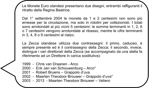 Le Monete Euro olandesi presentano due disegni, entrambi raffiguranti il ritratto della Regina Beatrice.  Dal 1° settembre 2004 le monete da 1 e 2 centesimi non sono più emesse per la circolazione, ma solo in rotolini per collezionisti. I totali sono arrotondati ai piú vicini 5 centesimi: le somme terminanti in 1, 2, 6 o 7 centesimi vengono arrotondate al ribasso, mentre le cifre terminanti in 3, 4, 8 o 9 centesimi al rialzo.  La Zecca olandese utilizza due contrassegni: il primo, caduceo, è sempre presente ed è il contrassegno della Zecca; il secondo, invece, distingue i vari direttorati della Zecca (se accompagnato da una stella fa riferimento ad un Direttore in carica sostitutiva):  1999  -  Chris van Draanen - Arco 2000  -  Erik Jan van Schouwenburg – Arco* 2001  -  Robert Bruens – Grappolo d’uva 2002  -  Maarten Theodoor Brouwer – Grappolo d’uva* 2003  -  2013  - Maarten Theodoor Brouwer – Veliero