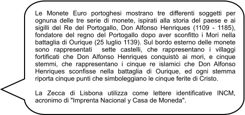 Le Monete Euro portoghesi mostrano tre differenti soggetti per ognuna delle tre serie di monete, ispirati alla storia del paese e ai sigilli del Re del Portogallo, Don Alfonso Henriques (1109 - 1185), fondatore del regno del Portogallo dopo aver sconfitto i Mori nella battaglia di Ourique (25 luglio 1139). Sul bordo esterno delle monete sono rappresentati  sette castelli, che rappresentano i villaggi fortificati che Don Alfonso Henriques conquistò ai mori, e cinque stemmi, che rappresentano i cinque re islamici che Don Alfonso Henriques sconfisse nella battaglia di Ourique, ed ogni stemma riporta cinque punti che simboleggiano le cinque ferite di Cristo.  La Zecca di Lisbona utilizza come lettere identificative INCM, acronimo di "Imprenta Nacional y Casa de Moneda".