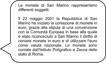 Le monete di San Marino rappresentano differenti soggetti.  Il 22 maggio 2001 la Repubblica di San Marino ha iniziato la coniazione di monete in euro, grazie alla stipula di una convenzione con la Comunità Europea in base alla quale è stato riconosciuto a San Marino il diritto di coniare monete in euro e di utilizzare l'euro come valuta nazionale. Le monete sono coniate dall'Istituto Poligrafico e Zecca dello stato di Roma.