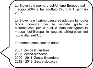 La Slovenia è membro dell'Unione Europea dal 1 maggio 2004 e ha adottato l’euro il 1 gennaio 2007.  La Slovenia è il primo paese ad adottare la nuova faccia comune per le monete gialle e bicromatiche, per le quali è stata ridisegnata la mappa dell'Europa in seguito all'ingresso dei nuovi Stati nell'UE.  Le monete sono coniate dalla:  2007  Zecca finlandese 2008  Zecca olandese 2009 - 2011  Zecca finlandese 2012 - 2013  Zecca slovacca